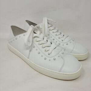 Stuart Weitzman Shoes 10B White Leather Faux Pearl Studded Sneakers Embellished